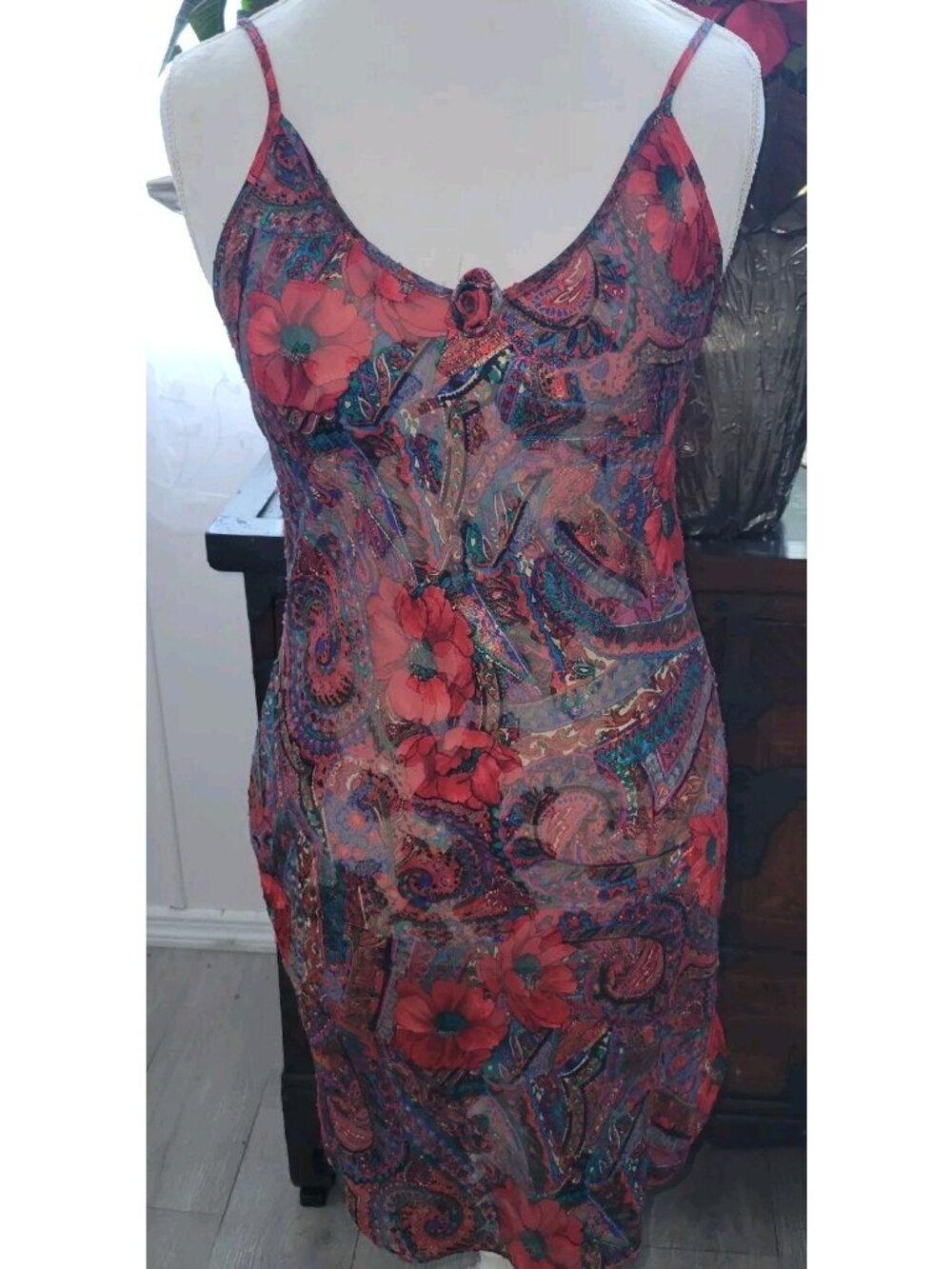Sheer Sexy Nightie Slip Inner Most Floral Dress Slit Sides Vintage Size M - Picture 2 of 5